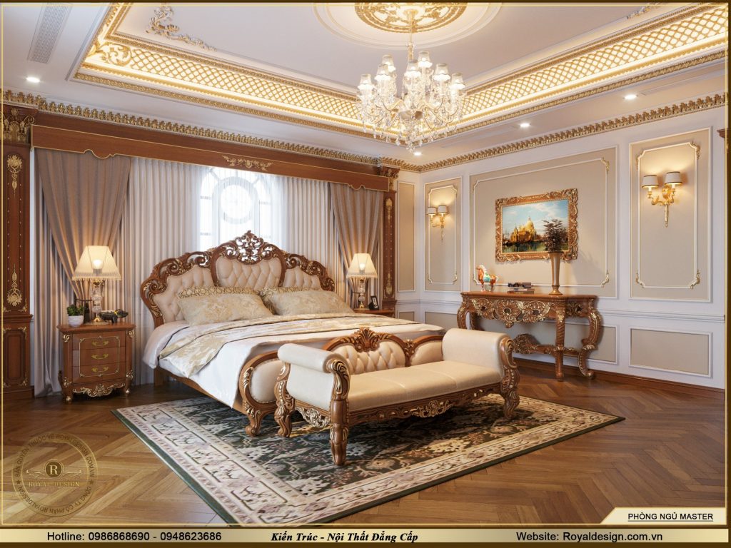 Phòng ngủ master được chia thành 2 không gian là giường ngủ và phòng thay đồ. Royal Design đã lựa chọn loại da cao cấp màu be làm màu sắc chủ đạo cho chiếc giường đồng thời tạo sự êm ái. Bàn trang điểm được đặt trong phòng thay đồ dùng gỗ tự nhiên đồng nhất với dãy tủ. 
