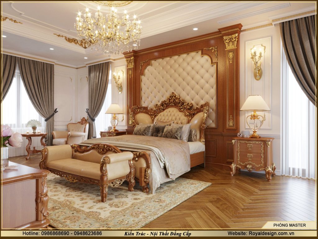 Mẫu giường ngủ tân cổ điển gỗ gõ đỏ dát vàng siêu đẹp