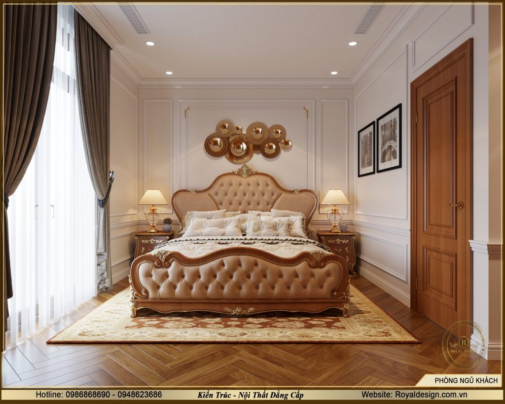 Thiết kế nội thất phòng ngủ tân cổ điển màu gỗ cho khách tại móng cái