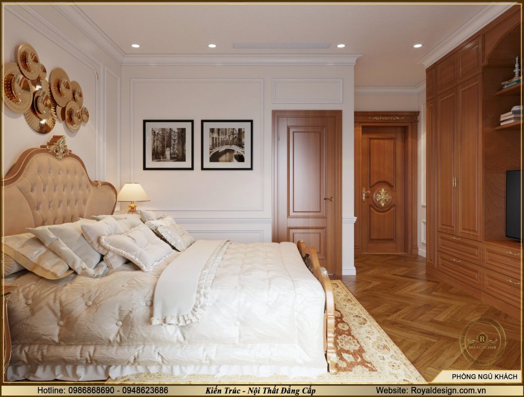 Thiết kế nội thất phòng ngủ tân cổ điển màu gỗ cho khách tại móng cái 02