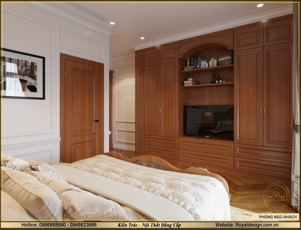 Thiết kế nội thất phòng ngủ tân cổ điển màu gỗ cho khách tại móng cái 03 
