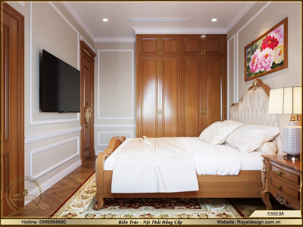 Thiết kế nội thất phòng ngủ tân cổ điển màu gỗ cho ông bà tại móng cái 02