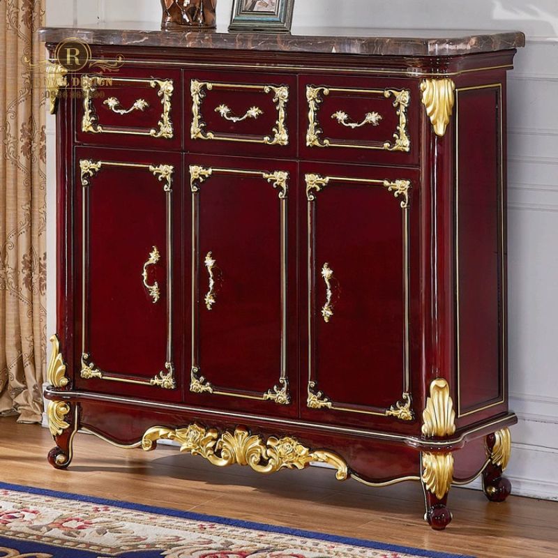 Tủ giày tân cổ điển gỗ trầm hương đỏ chạm khắc tinh tế