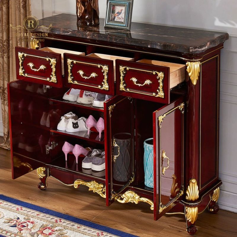 Tủ giày tân cổ điển gỗ trầm hương đỏ chạm khắc tinh tế