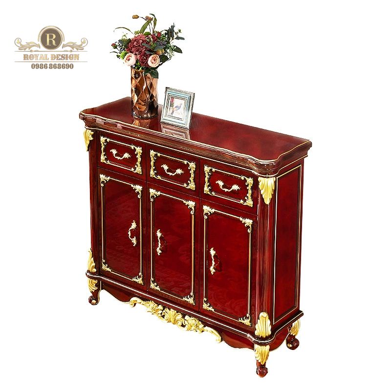 Tủ giày tân cổ điển gỗ trầm hương đỏ chạm khắc tinh tế