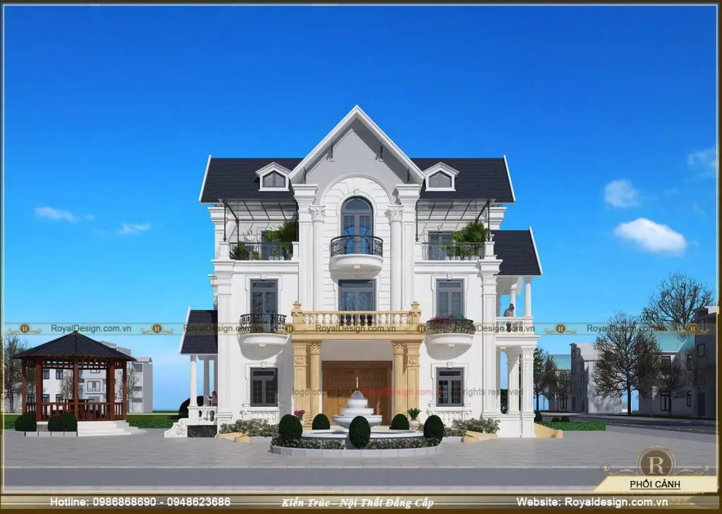 Phối cảnh 3D chi tiết của mẫu thiết kế biệt thự 3 tầng tân cổ điển