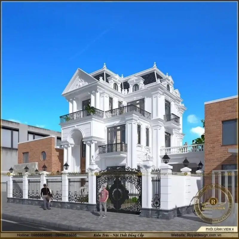 Phối cảnh biệt thự 2 tầng tân cổ điển từ góc nghiêng phải
