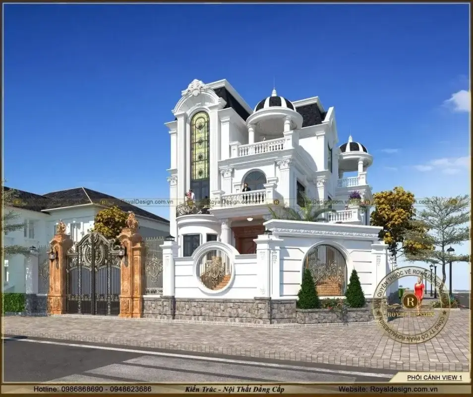 Cửa chính hoành tráng với trụ cột ốp đá sang trọng, tường bao thiết kế ô tròn, bán nguyệt nghệ thuật