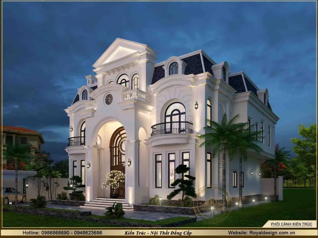 Góc nhìn chính diện mặt tiền của căn biệt thự 2 thự 2 tầng tân cổ điển tại sóc sơn mà Royal Design thiết kế