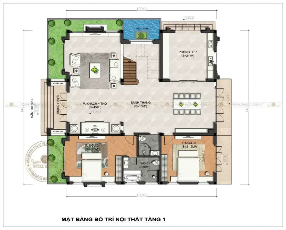 Bản vẽ bố trí mặt bằng tầng 1 của thiết kế biệt thự 2 tầng siêu đẹp tại Sóc Sơn