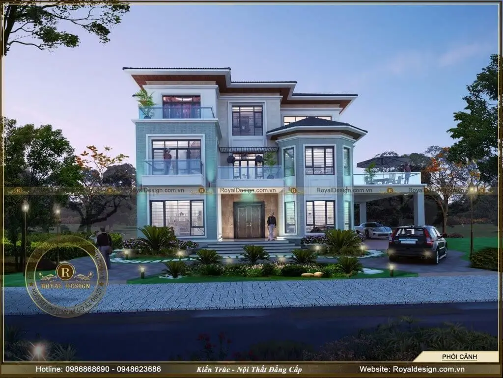 Phối cảnh 3D chi tiết kế của mẫu thiết kế biệt thự 3 tầng mái Thái