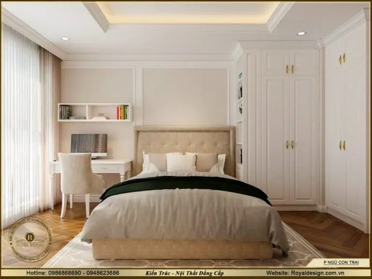 Phòng ngủ con trai với thiết kế hiện đại, màu sắc chủ đạo là màu trắng