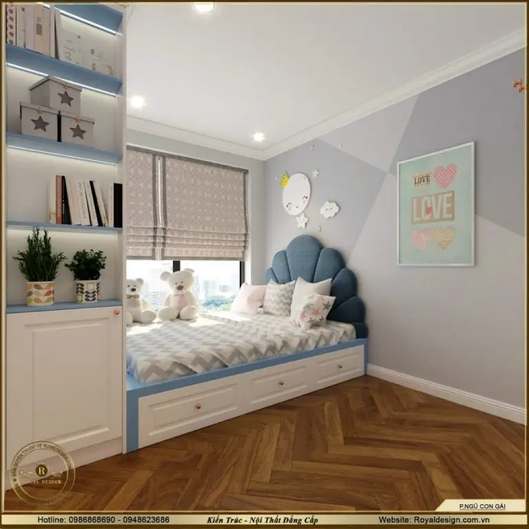 Phòng ngủ riêng của con gái gia chủ được kết hợp 2 màu xanh-trắng dễ chịu