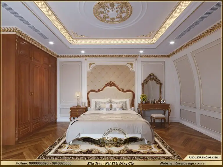 Phòng ngủ phụ tuy không tráng lệ như phòng ngủ master nhưng vẫn mang đầy đủ đặc trưng của nội thất tân cổ điển