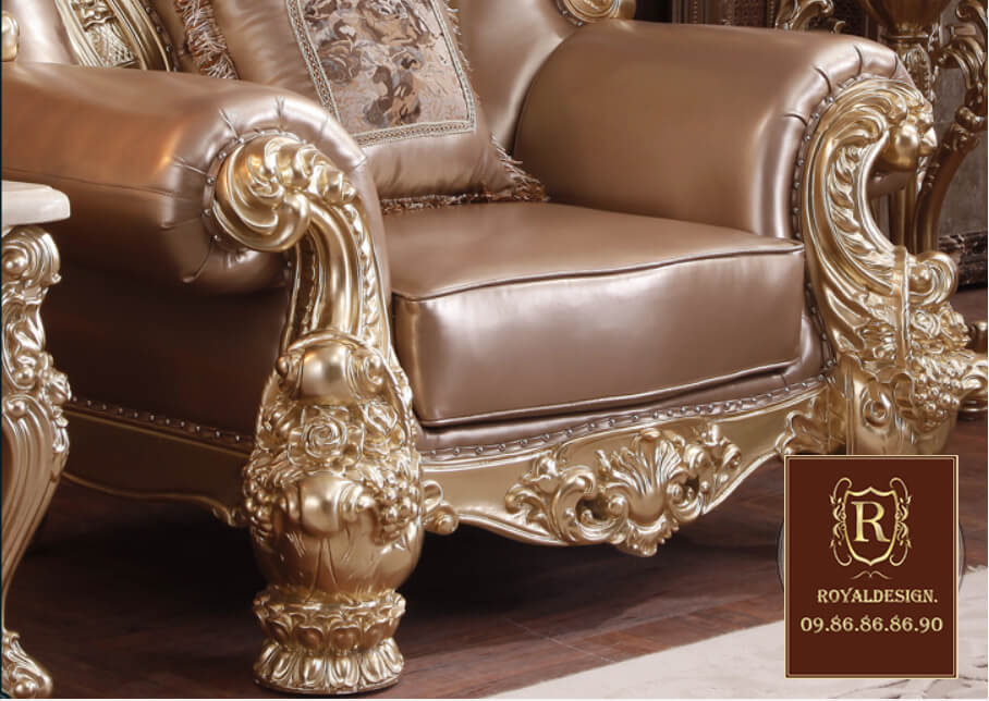 sofa tân cổ điển 031 dát vàng, bọc da công nghiệp hàn quốc, sản xuất trong nước kết cầu chắc chắn