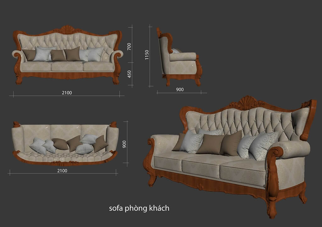 Kích thước ghế sofa 3 tân cổ điển