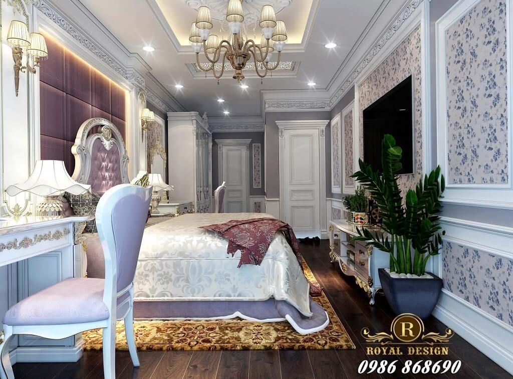 Thiết kế nội thất phòng ngủ tân cổ điển màu tím nhạt