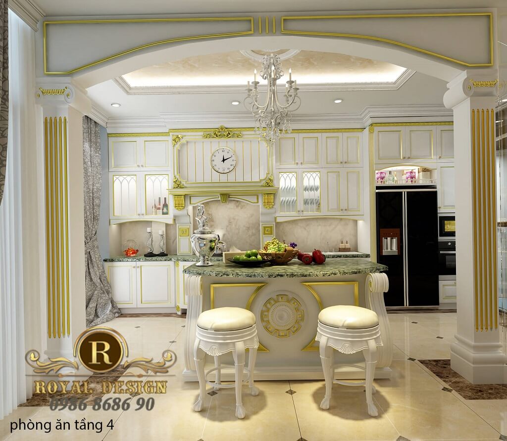 Thiết kế nội thất phòng bếp ăn tân cổ điển màu trắng dát vàng họa tiết tầng 2
